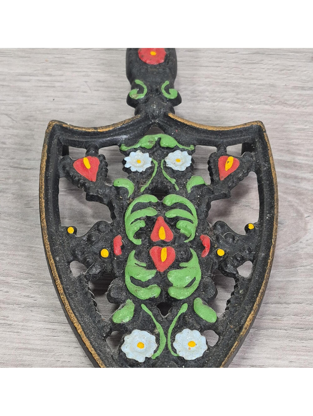 Vintage Scandinavian Cast Iron Trivet Spade Painted Floral Folk Art Wall Decor